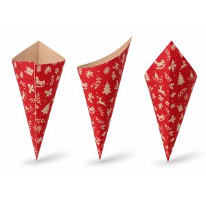 Puntzak Kerst met kerstmotief van papier, rode Kerst opdruk, voor friet patat, noten, churros en andere kerst snacks