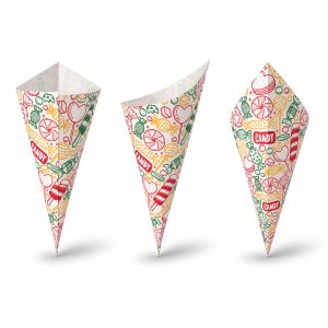 Puntzak snoep om snoep uit te delen van papier. Papieren puntzak met snoep opdruk
